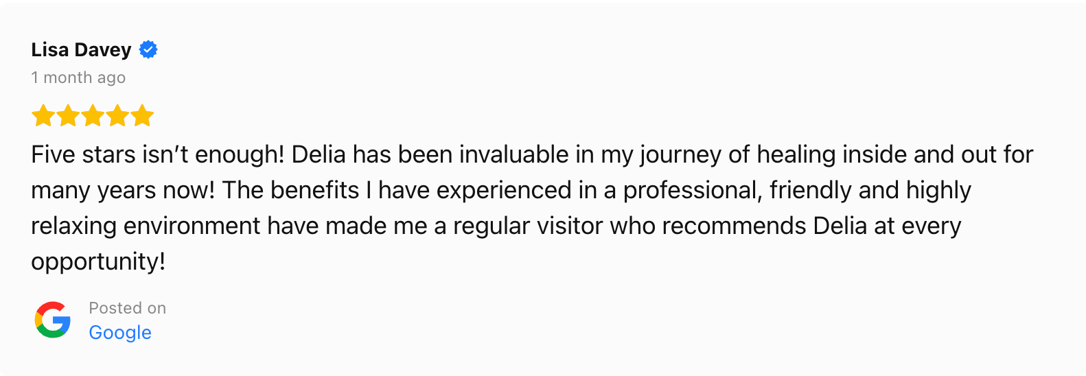 Delia Burke massage 5-star testimonial