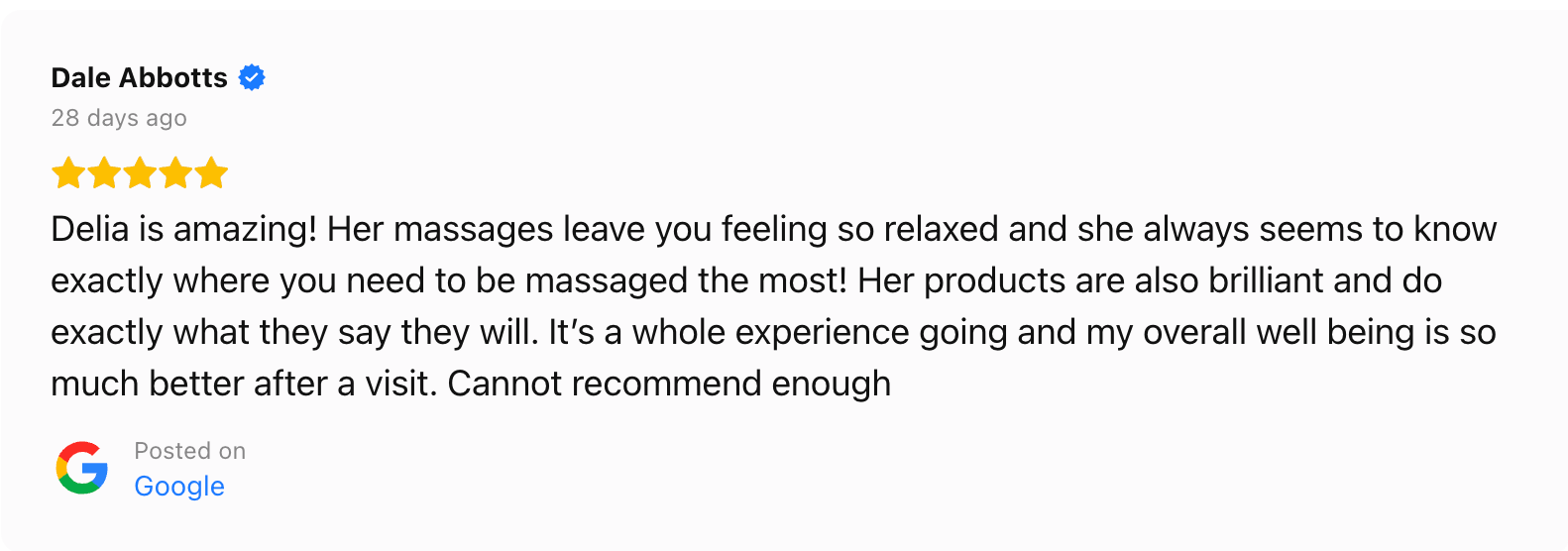 Delia Burke massage 5-star testimonial