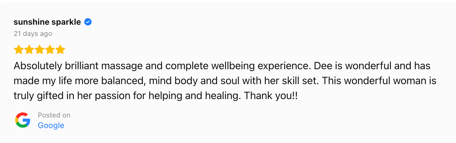 Delia Burke massage 5-star testimonial